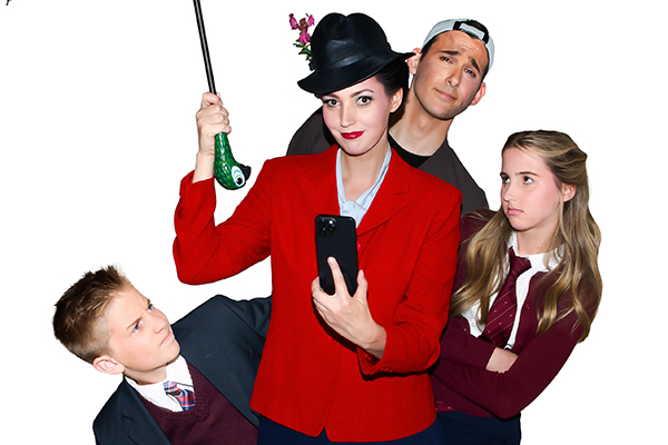 A women in a red jacket is holding an umbrella in one hand and a cell phone in the other. Standing behind her looking at her are a man, a young boy, and a young girl.