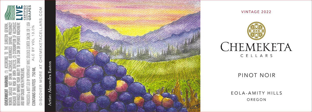 A graphic of the label for Chemeketa Cellars 2022 Pinot Noir, featuring the winner of the 2024 Chemeketa Cellars Artist Series